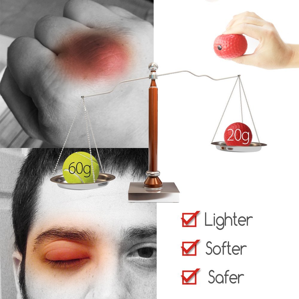 Comparison of 20g red boxing punch ball and 60g yellow tennis ball on scale showing lighter, softer, safer benefits