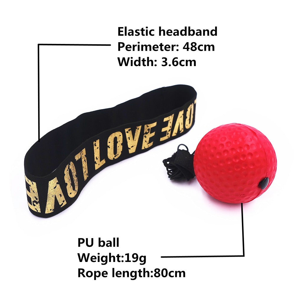 Black elastic headband with gold LOVE print and attached red PU boxing reflex punch ball with rope
