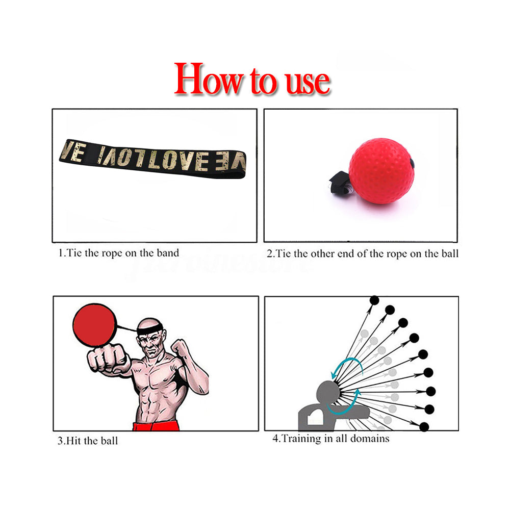 Instructions for using a boxing reflex ball with a black band and red ball for training reflexes