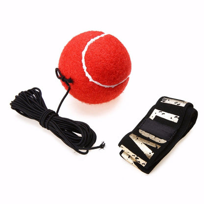 Red boxing reflex punch ball with attached black cord and black hand strap with white text