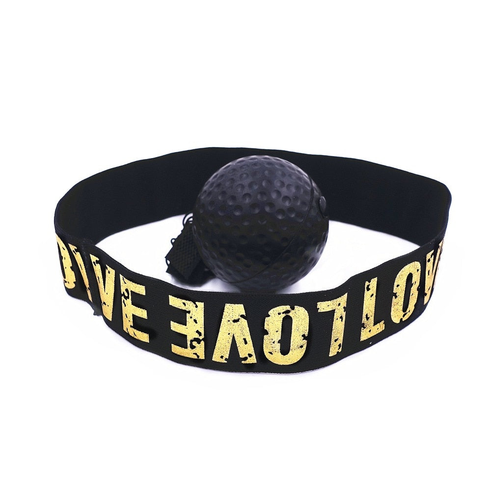 Black reflex punch ball with textured surface attached to elastic headband with yellow text on white background