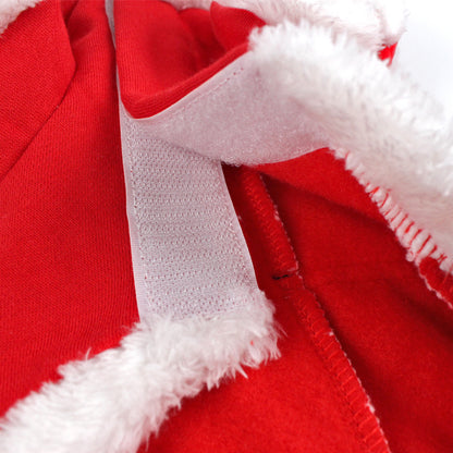 Close-up of red dog Christmas costume fabric with white faux fur trim and Velcro fastener