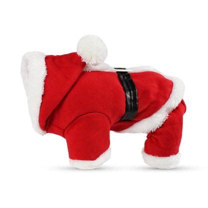 Red Christmas dog costume with white fur trim and black belt on white background