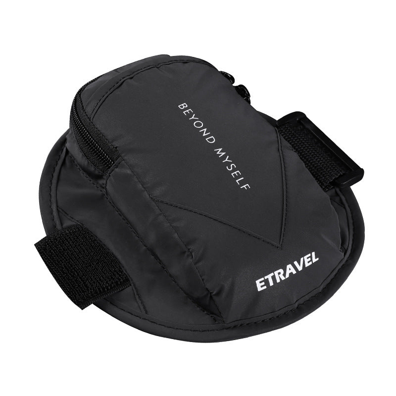 Black reflective running arm bag with zipper, adjustable strap, labeled Beyond Myself and ETRAVEL