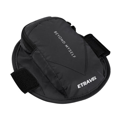 Black reflective running arm bag with zipper, adjustable strap, labeled Beyond Myself and ETRAVEL
