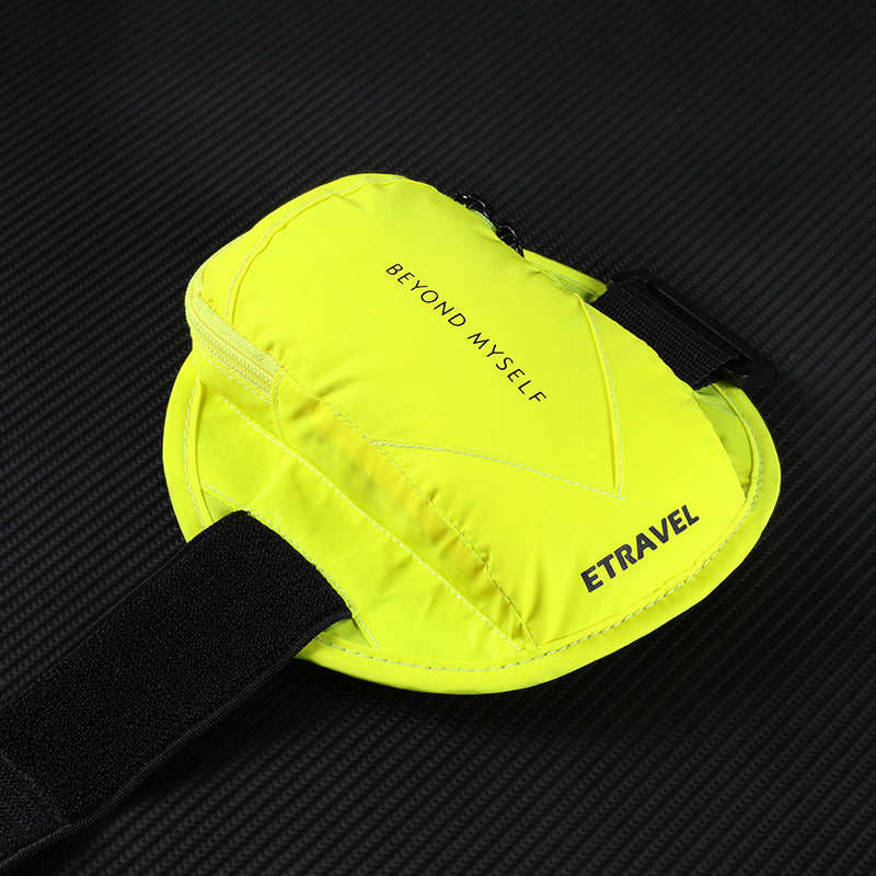 Neon yellow reflective running arm bag with black strap, labeled Beyond Myself and ETRAVEL