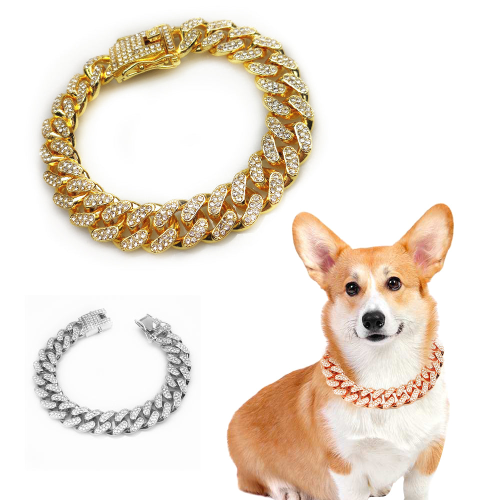 Rose gold hip hop style dog chain collar with rhinestones, dog model wearing the collar, gold and silver variants