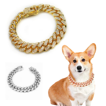 Rose gold hip hop style dog chain collar with rhinestones, dog model wearing the collar, gold and silver variants