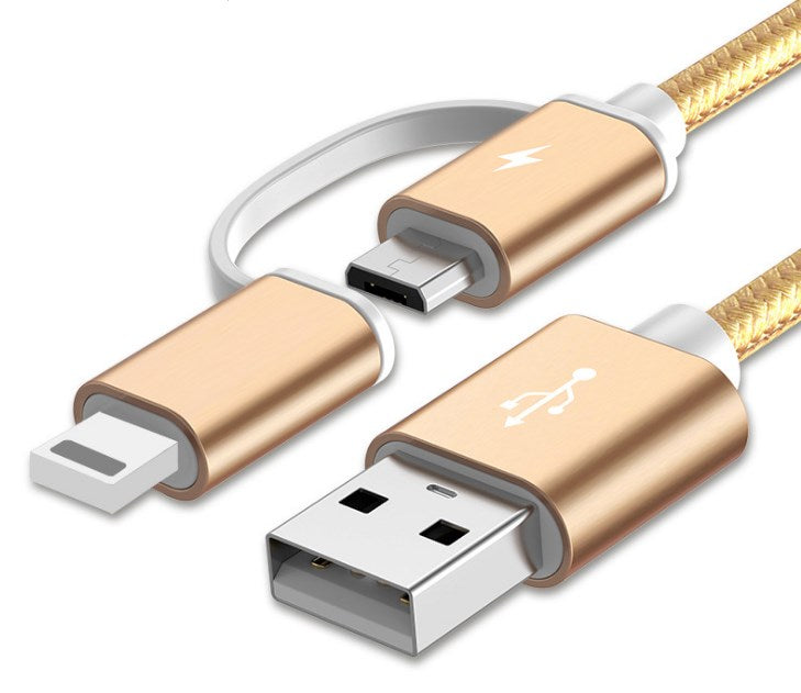 Rose gold 2-in-1 USB-C and micro USB braided fast charger cable with USB-A connector
