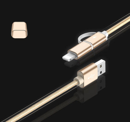 Rose gold 2-in-1 USB-C and Micro USB braided fast charger cable with USB-A connector on black background