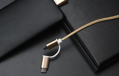 Rose gold braided 2-in-1 USB-C and Micro USB fast charger cable on black surface