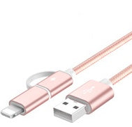 Rose gold braided 2-in-1 USB-C and Micro USB fast charging cable with USB-A connector