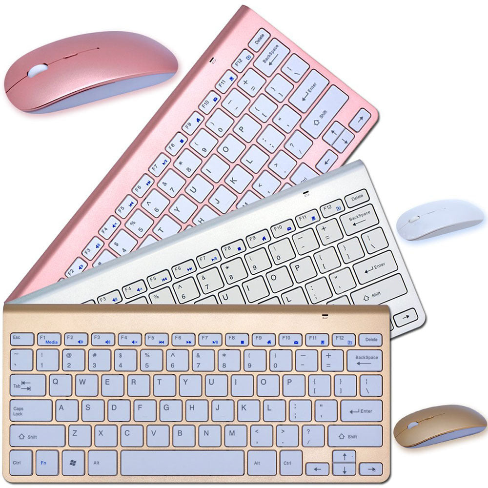 Three wireless keyboard and mouse combos in rose gold, silver, and gold with compact design