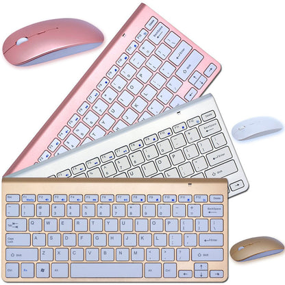 Three wireless keyboard and mouse combos in rose gold, silver, and gold with compact design