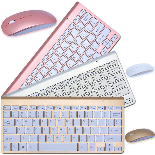 Three wireless keyboard and mouse combos in rose gold, silver, and gold with compact design