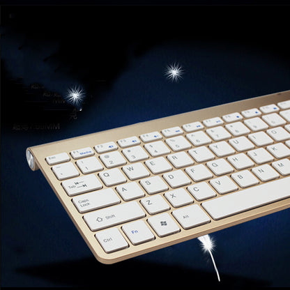 Rose gold wireless keyboard with white keys on dark background featuring floating dandelion seeds