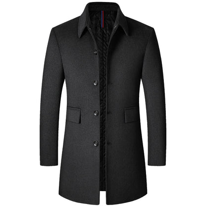 Men's mid-length gray wool coat with button closure and quilted inner lining