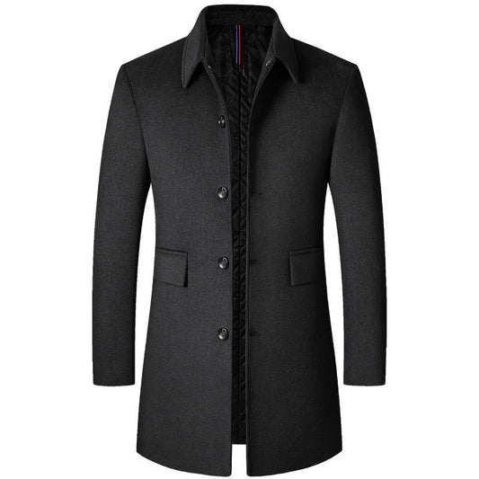 Men's mid-length gray wool coat with button closure and quilted inner lining