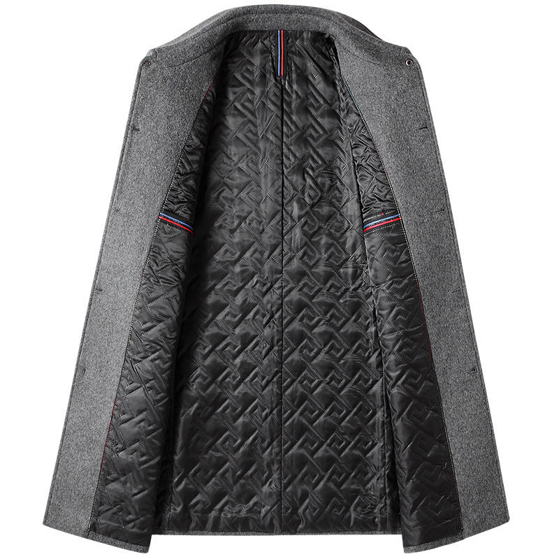 Men's mid-length gray wool coat with quilted black lining and blue-red accents inside