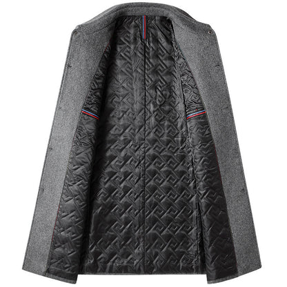 Men's mid-length gray wool coat with quilted black lining and blue-red accents inside