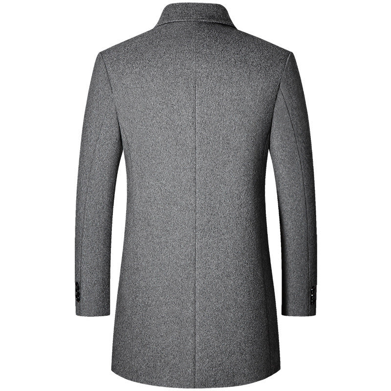 Back view of a mid-length gray men's wool coat with long sleeves and a business casual style