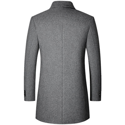Back view of a mid-length gray men's wool coat with long sleeves and a business casual style