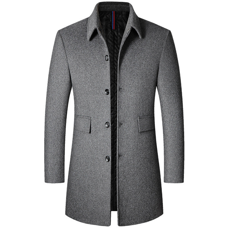 Men's mid-length gray wool coat with buttons and quilted black inner lining