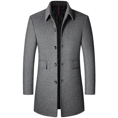 Men's mid-length gray wool coat with buttons and quilted black inner lining