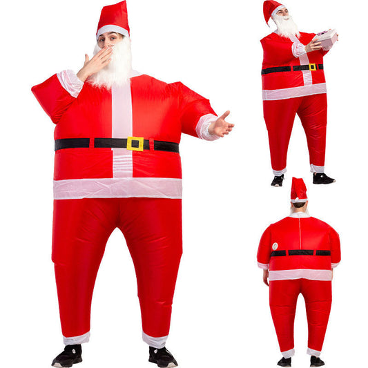 Man wearing inflatable Santa Claus costume with beard and hat, shown front, side, and back views