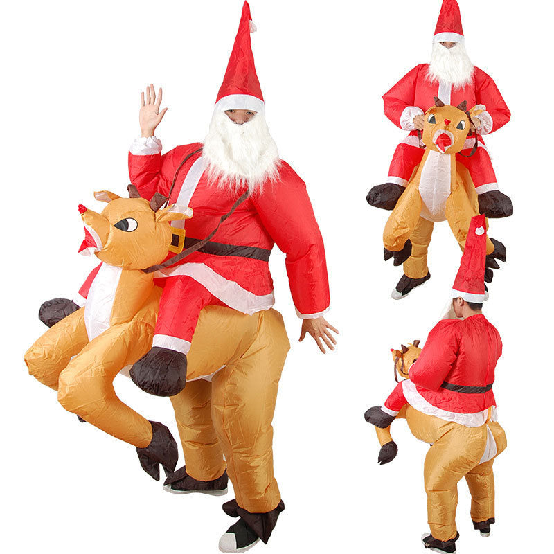 Inflatable Santa Claus costume riding a reindeer, adult waterproof Christmas party outfit with USB fan