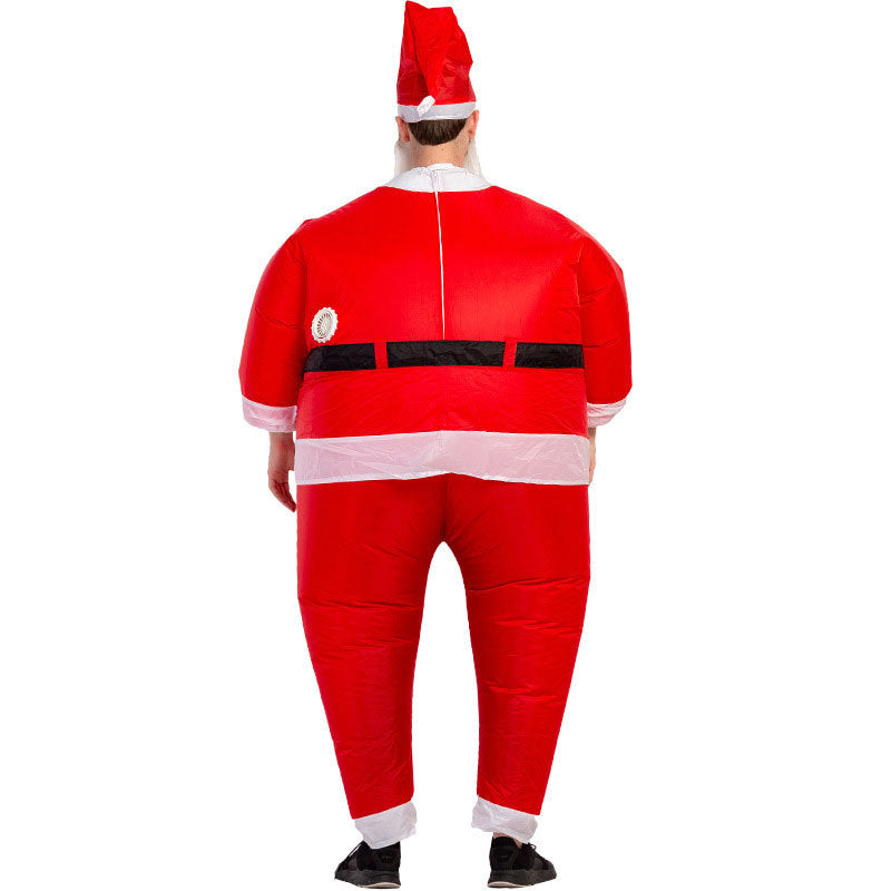 Back view of person wearing inflatable Santa Claus costume with red suit, black belt, white trim, and Santa hat