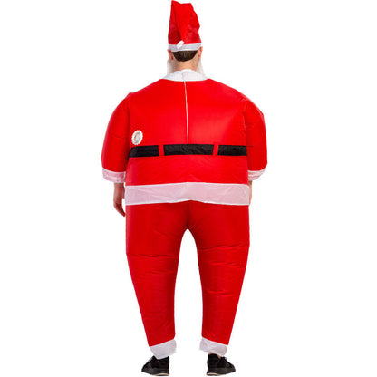 Back view of person wearing inflatable Santa Claus costume with red suit, black belt, white trim, and Santa hat