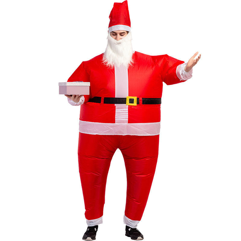 Adult wearing inflatable Santa Claus costume holding gift box, waterproof Christmas party outfit