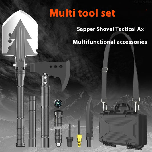 Multi tool set featuring sapper shovel, tactical axe, knife, screwdriver bits, compass, and carrying case for outdoor survival