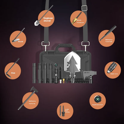 Multi-functional military outdoor survival shovel set with tools including shovel, axe, knife, hoe, hook, whistle, screwdriver, and compass in carrying case