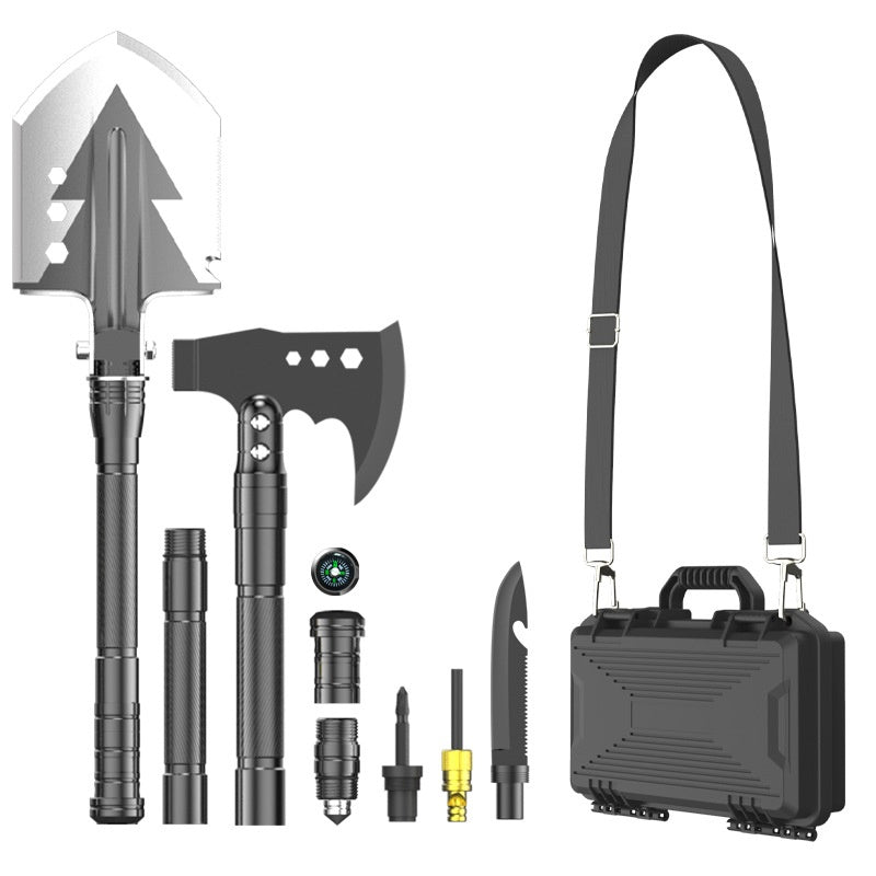 Multi-functional outdoor military shovel set with axe, knife, compass, and carrying case
