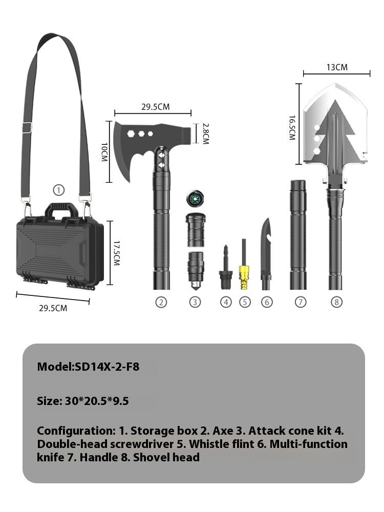 Multi-functional outdoor military shovel set with axe, shovel head, knife, screwdriver, whistle, compass, and storage box