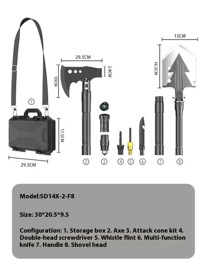 Multi-functional outdoor military shovel set with axe, shovel head, knife, screwdriver, whistle, compass, and storage box