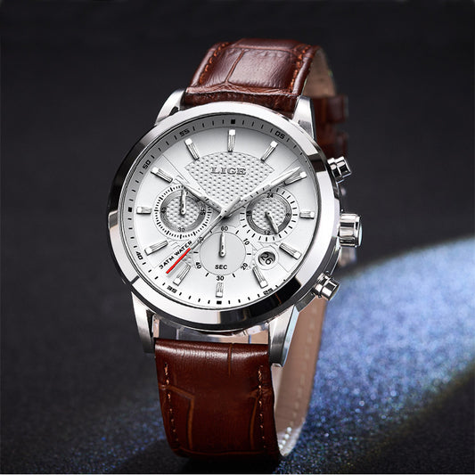 Men's sport quartz watch with white dial, chronograph, date window, and brown leather strap