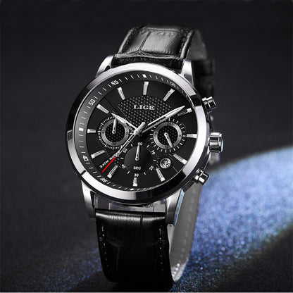 LIGE men's black leather strap chronograph watch with stainless steel case and black dial