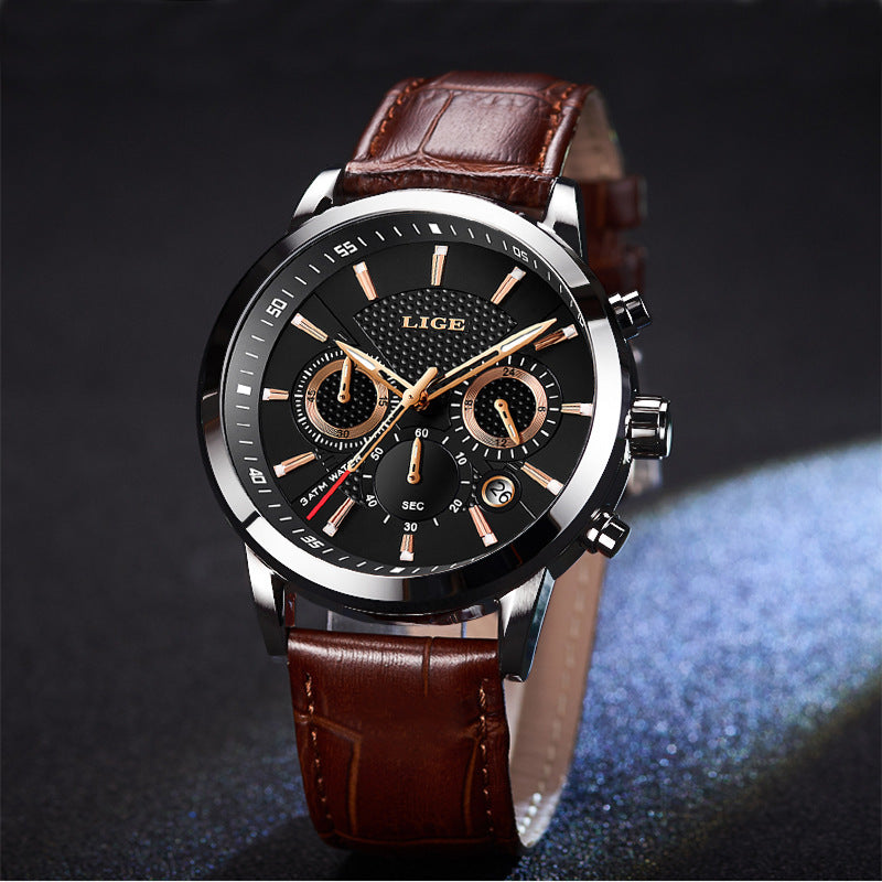 LIGE men's sport quartz watch with black dial, rose gold accents, and brown leather strap
