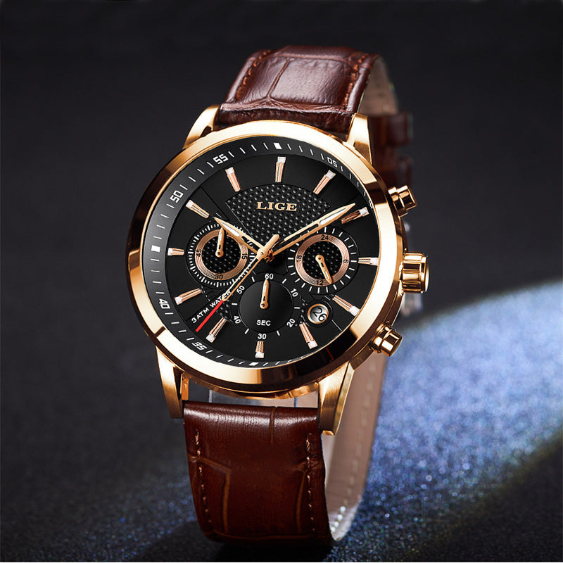 LIGE men's sport quartz watch with gold case, black dial, brown leather strap, chronograph subdials