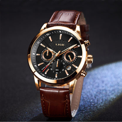 LIGE men's sport quartz watch with gold case, black dial, brown leather strap, chronograph subdials