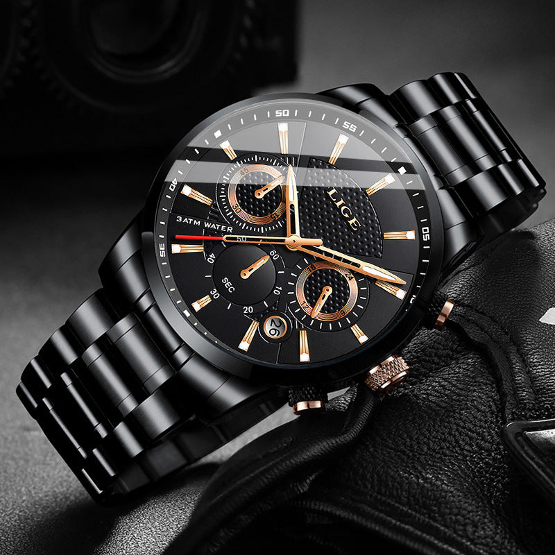 Black LIGE men's sport quartz watch with gold accents and metal bracelet on black leather