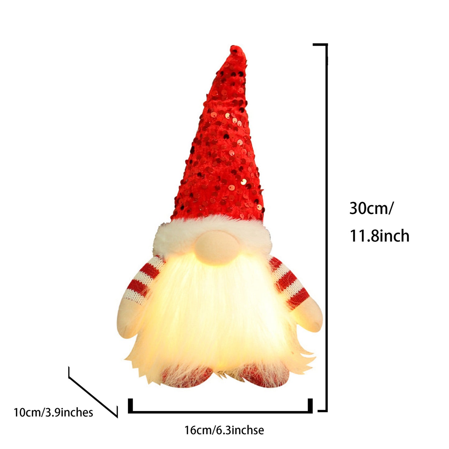 Glowing Christmas gnome decoration with red sequin hat and striped arms, 30 cm tall