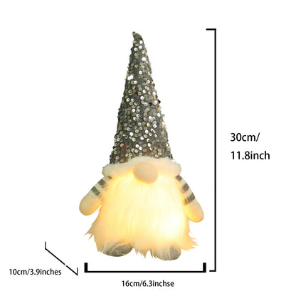 Lighted Christmas gnome decoration with gray sequin hat and fuzzy beard, 30cm tall