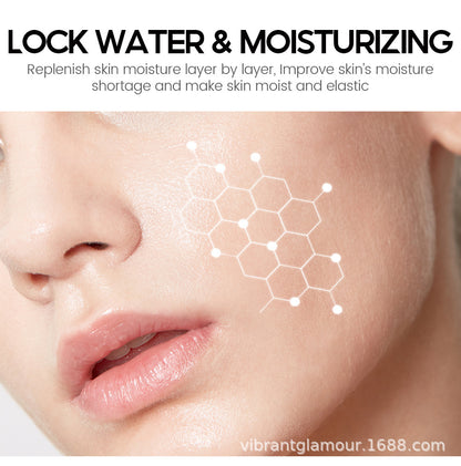 Close-up of smooth hydrated skin with graphic hexagon molecular structure on cheek, moisturizing skincare concept