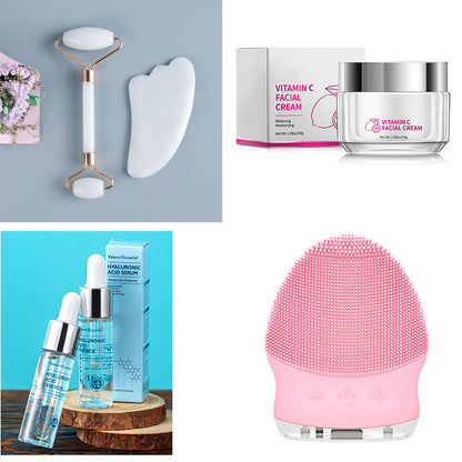 Collage of skincare items including jade roller, gua sha tool, vitamin C facial cream, hyaluronic acid serum, and pink silicone facial cleansing brush