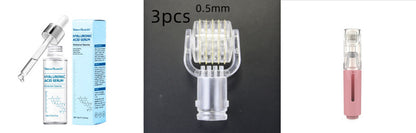 Hyaluronic acid serum with dropper, 0.5mm microneedle derma roller cartridge, and pink microneedling device attachment