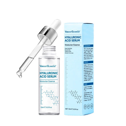 Vibrant Glamour hyaluronic acid serum 15ml with dropper and blue box moisturizer essence